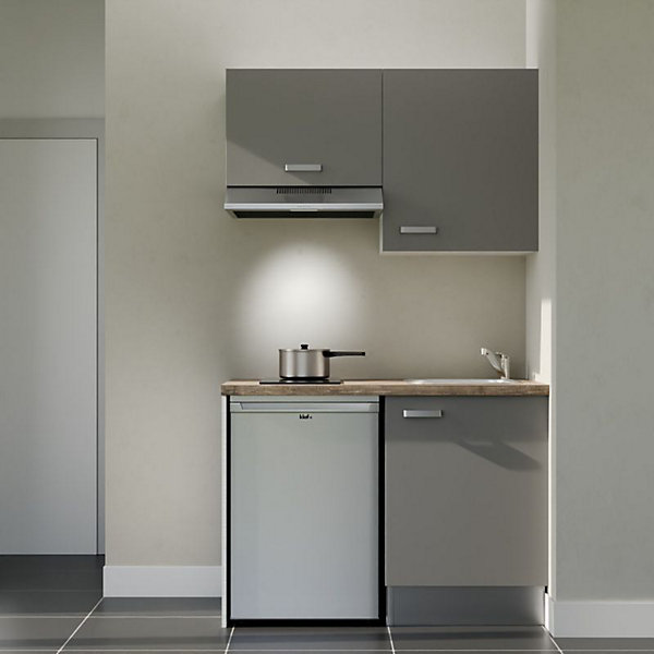Kitchenette K01 façades Gris - Plan de travail Bois - Crédences : Non - Evier inox - Electroménager Inox inclus