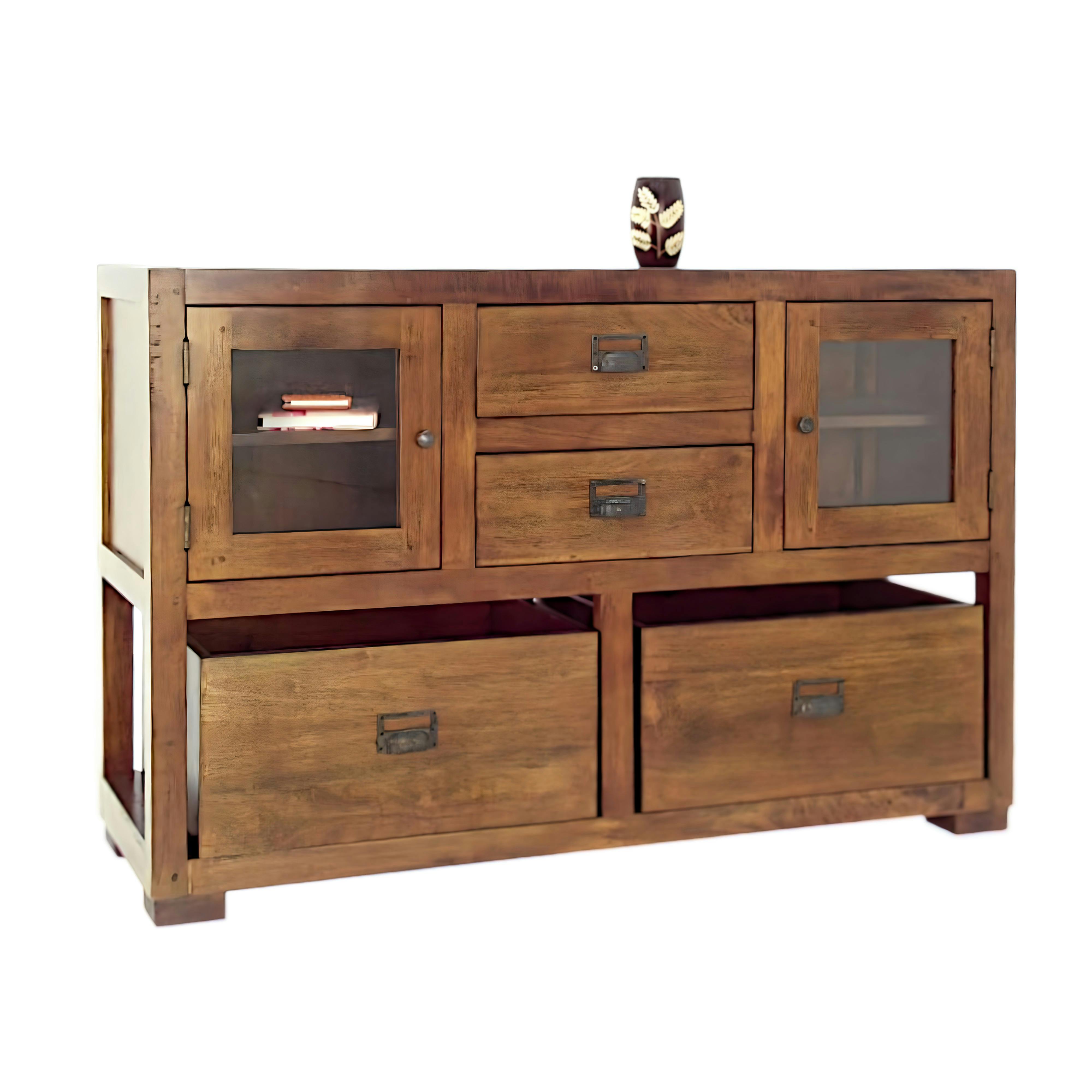 Buffet / Console Hévéa 2 portes vitrées, 2 tiroirs, 2 casiers amovibles 124x42x82cm TRADITION