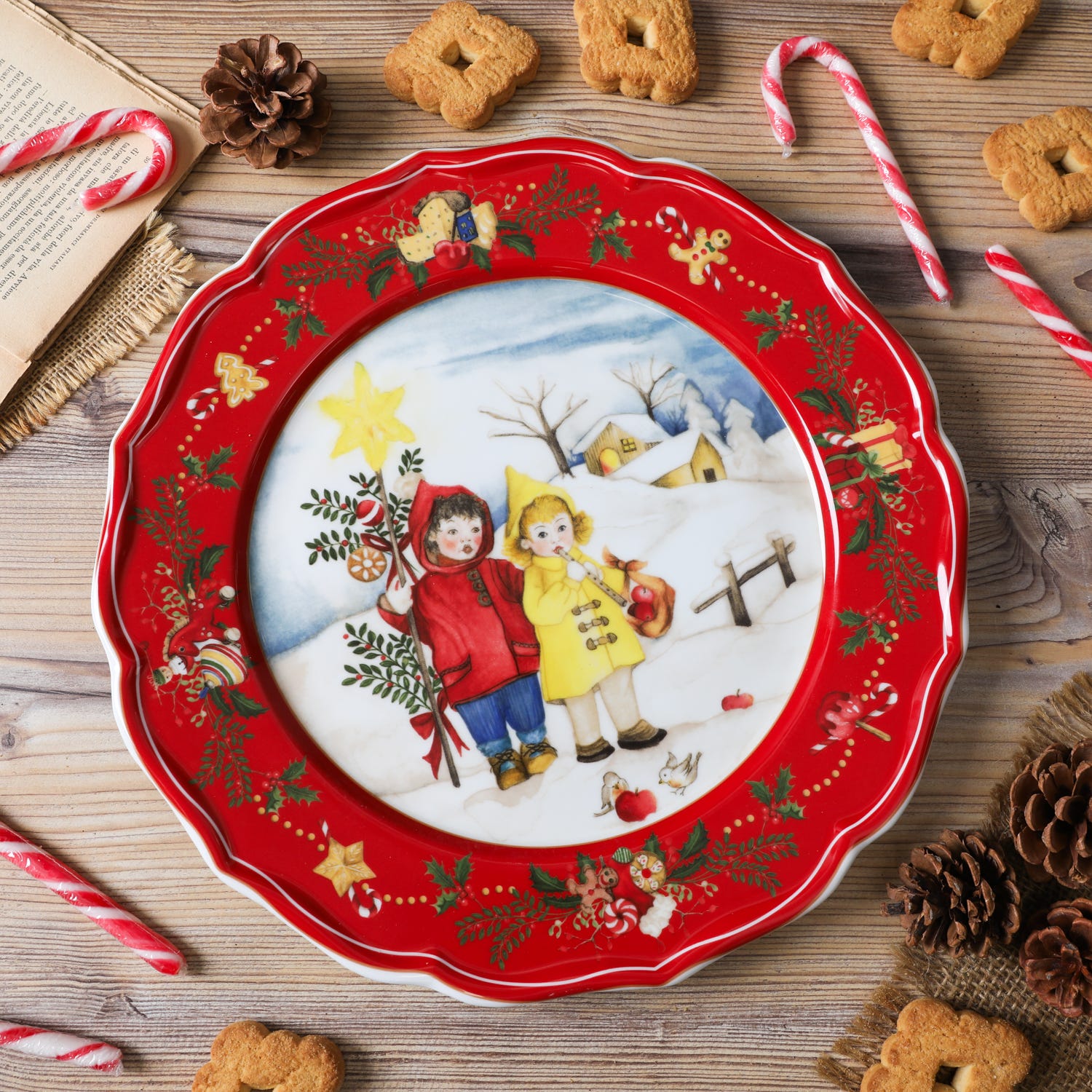 Sottopiatto Natale bambini bordo rosso porcellana 32,5 cm