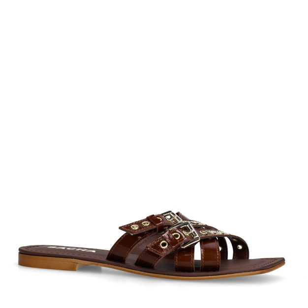 Bruine leren buckle slippers
