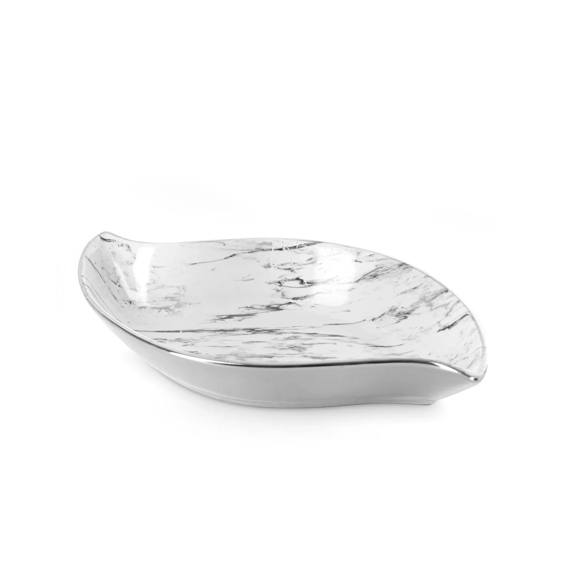 Patera ceramiczna dekoracyjna biało-srebrnaw kształcie łódkiz marmurkowym wzorem 31x17x5 cm