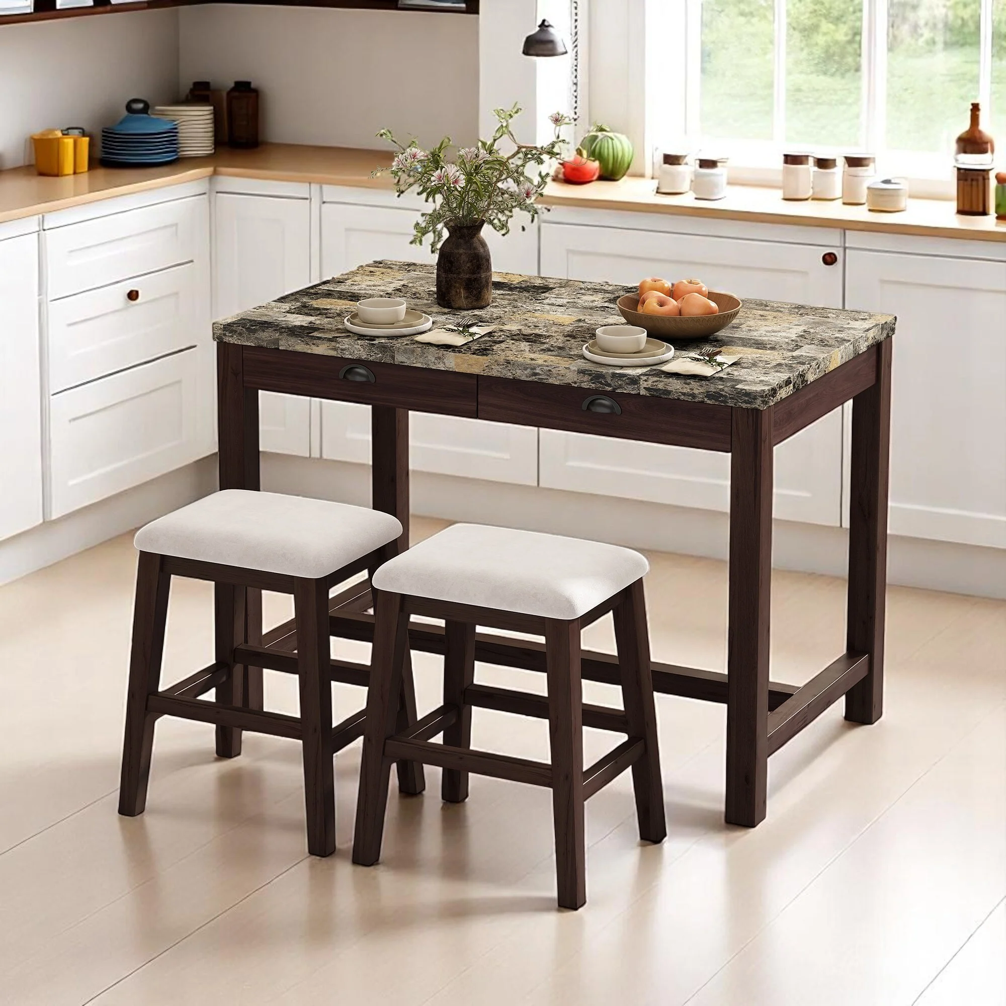 3-Piece Modern Dining Set with Faux Marble Table & 2 Stools, Space-Saving with Storage Drawers, Upholstered for Dining Room