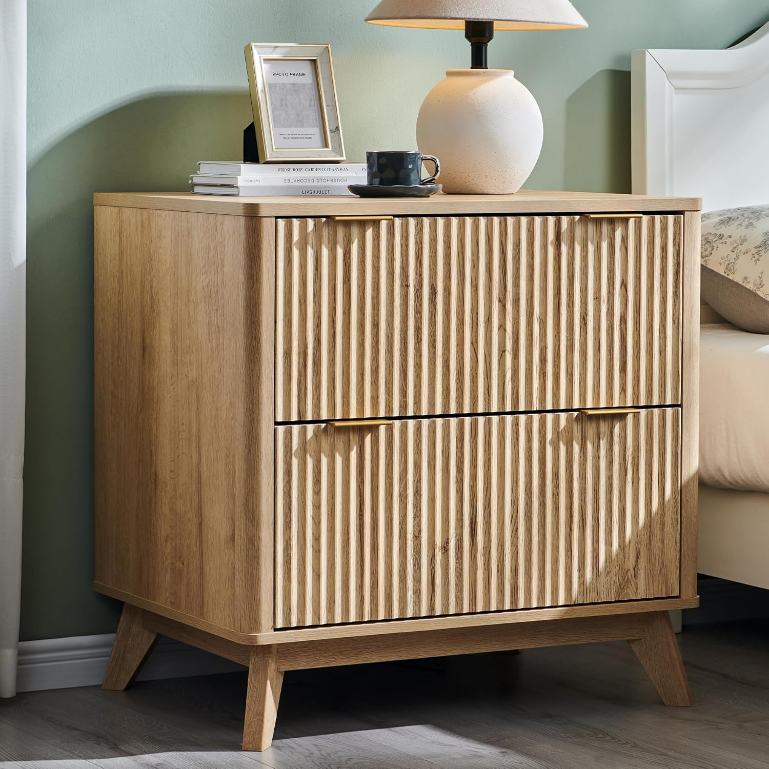 T4TREAM Modern Fluted Wood Night Stand, 30 Tall Bedside Table with 2 Drawers & Large Tabletop, Side Tables Bedroom, End Table for Living Room, Natural Oak