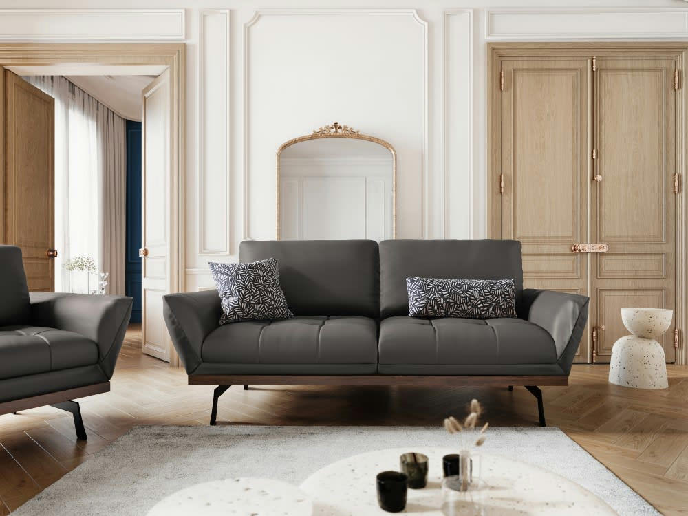 OLIVIER - Canapé 3 places en cuir gris foncé