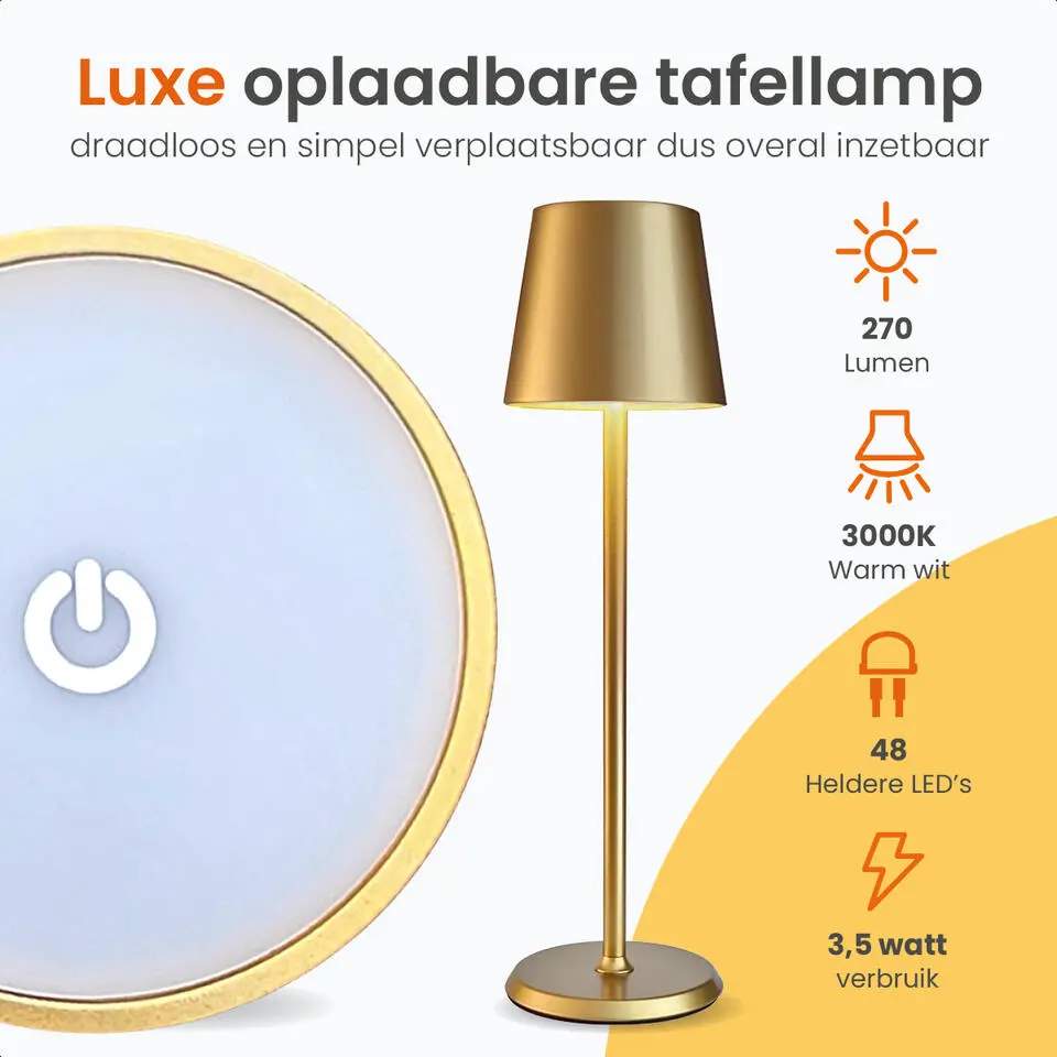 Goliving Tafellamp Oplaadbaar �?Draadloos en dimbaar �?Moderne touch lamp