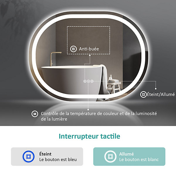 EMKE Miroir lumineux salle de bain ovale 80x60cm, Interrupteur Tactile, Anti-buée, LED éclairage Lumière Froide/Chaude/Neutre