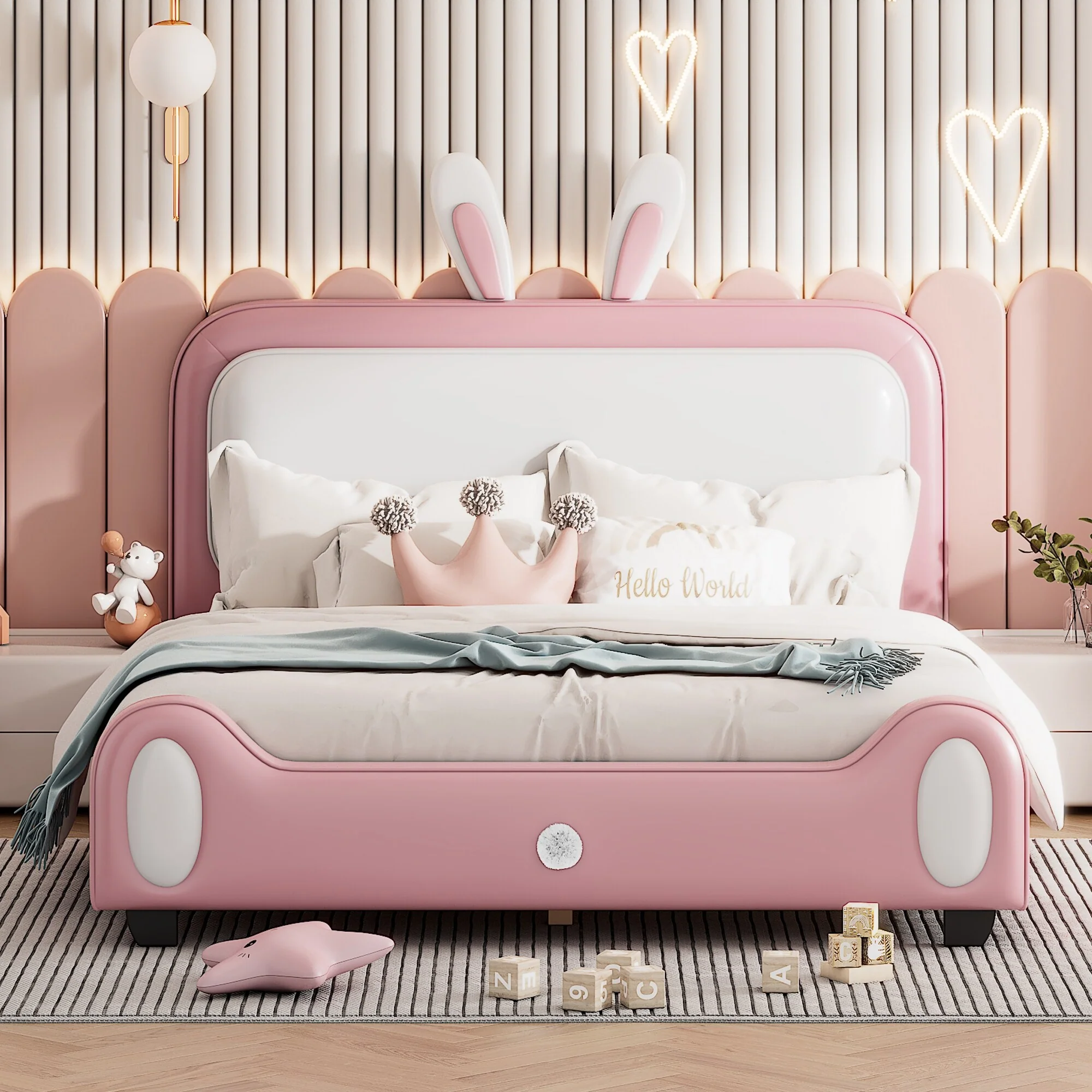 Full Size Rabbit-Shaped Upholstered Princess Bed with Slats and Headboard