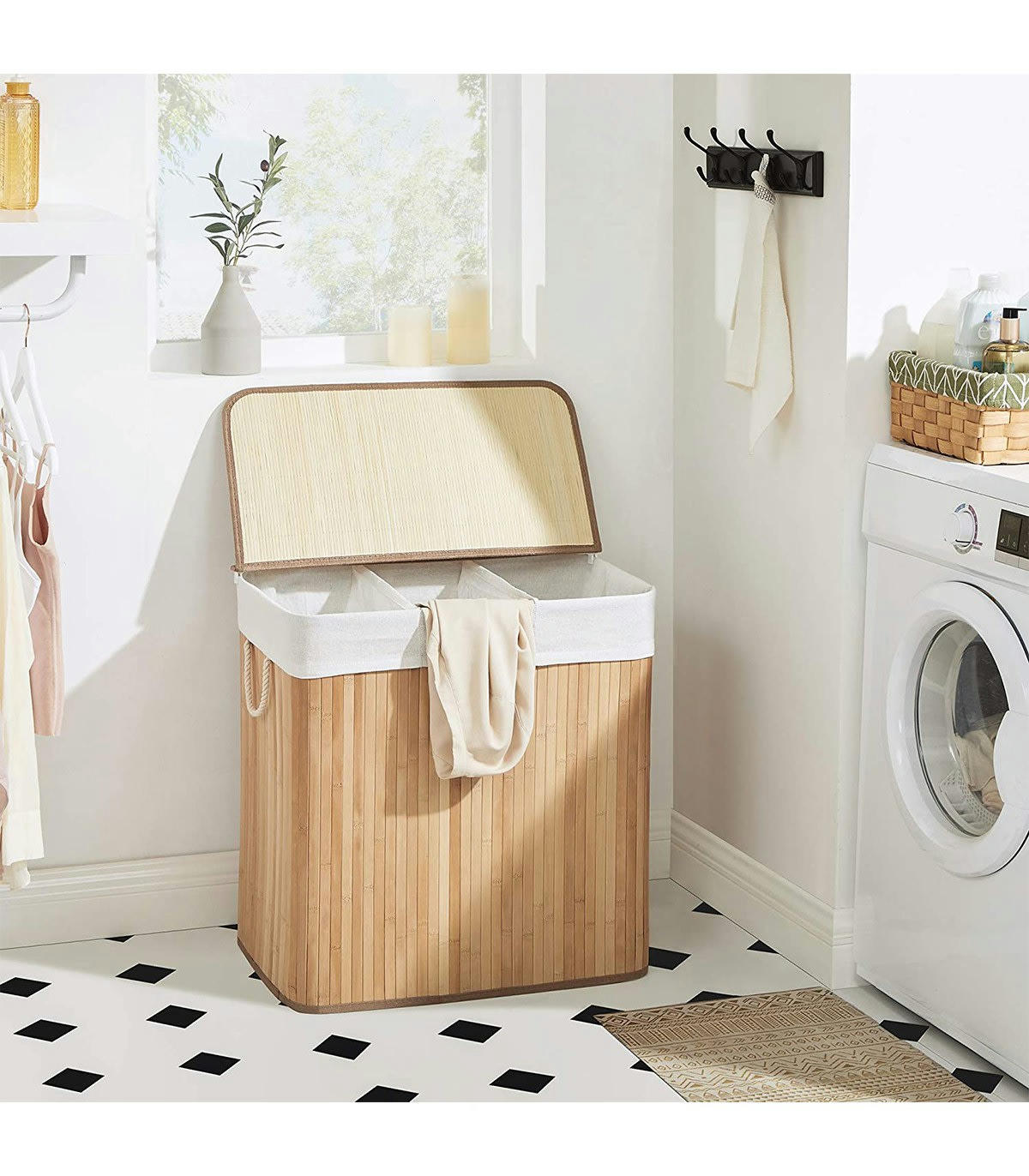 - Panier à linge en Bambou 3 Compartiments - L60 x H61.5 cm