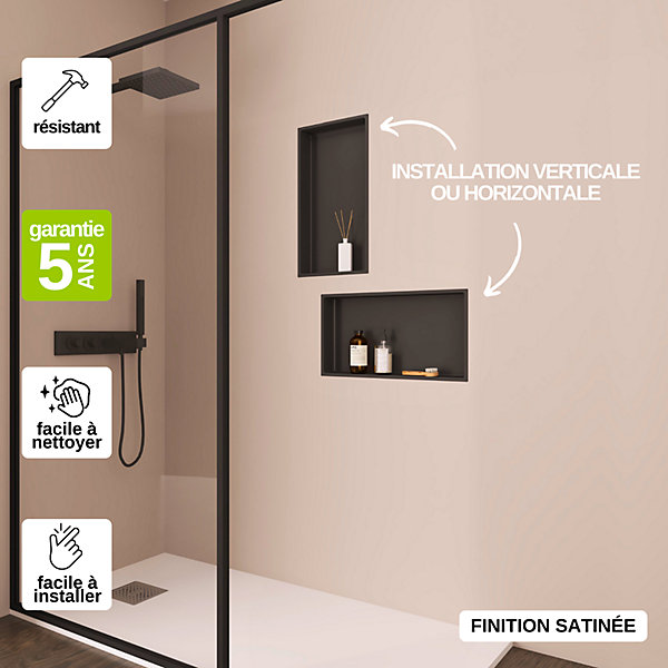 Lot de 2 Niches de Douche Noir Satiné - 63X33 cm - Rangement Mural Salle de Bain - NOOK