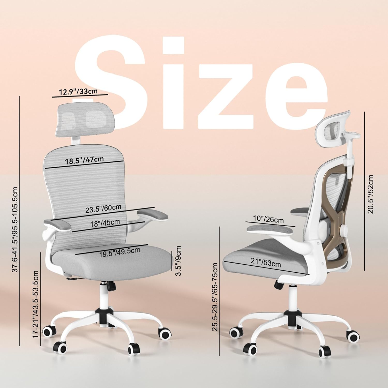 Home Office Desk Chairs, Ergonomic Office Chair with Lumbar Support & 3D Headrest, Computer Desk Chair with Flip-up Armrests, Perfect for Office or Study, Gray/Gold