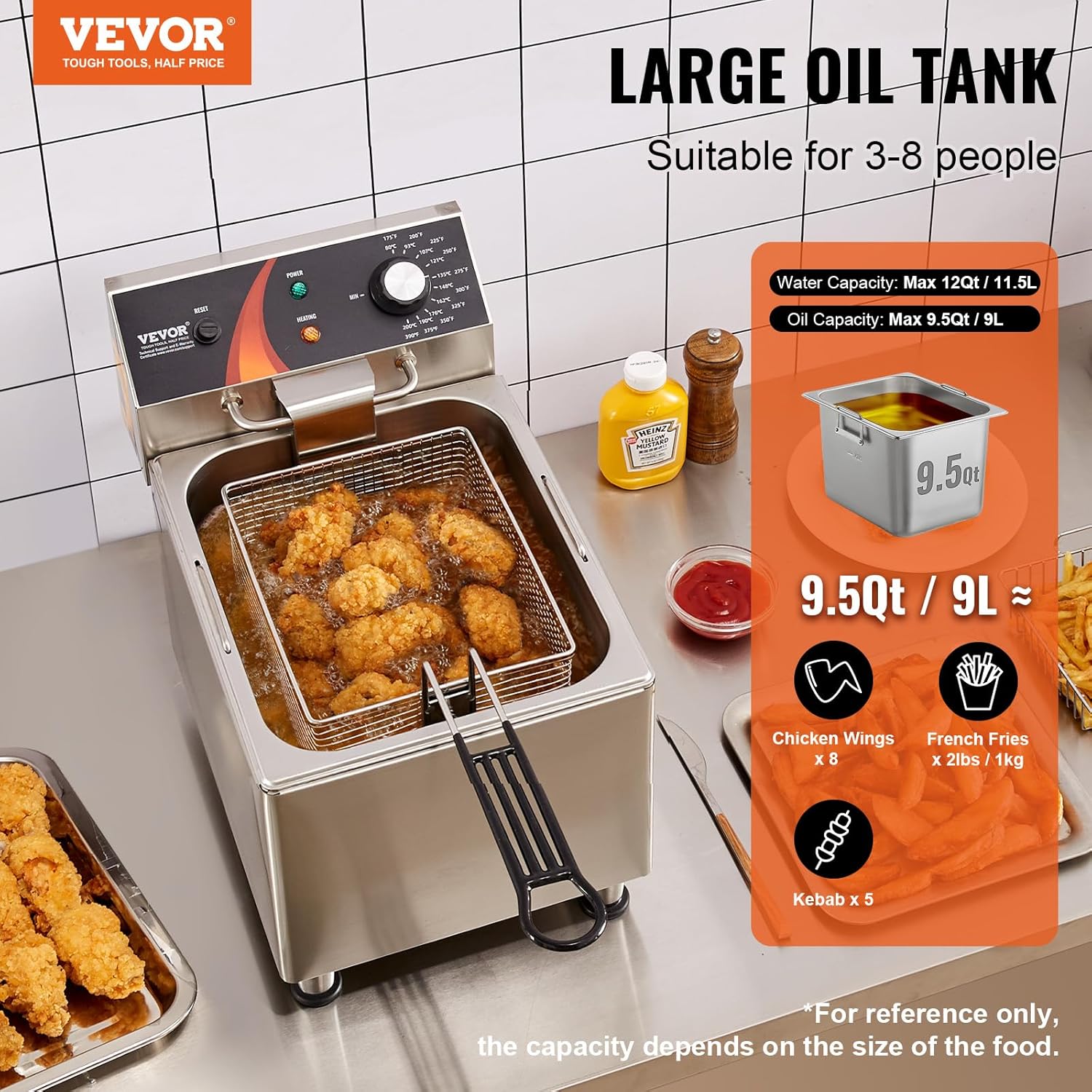 VEVOR Commercial Deep Fryer, 1750W Electric Countertop Fryer with Basket & Height-Adjustable Feet, 12Qt / 11.5L Stainless Steel Single Oil Fryer, Temp Control, Overheat Protection, for Restaurant Use