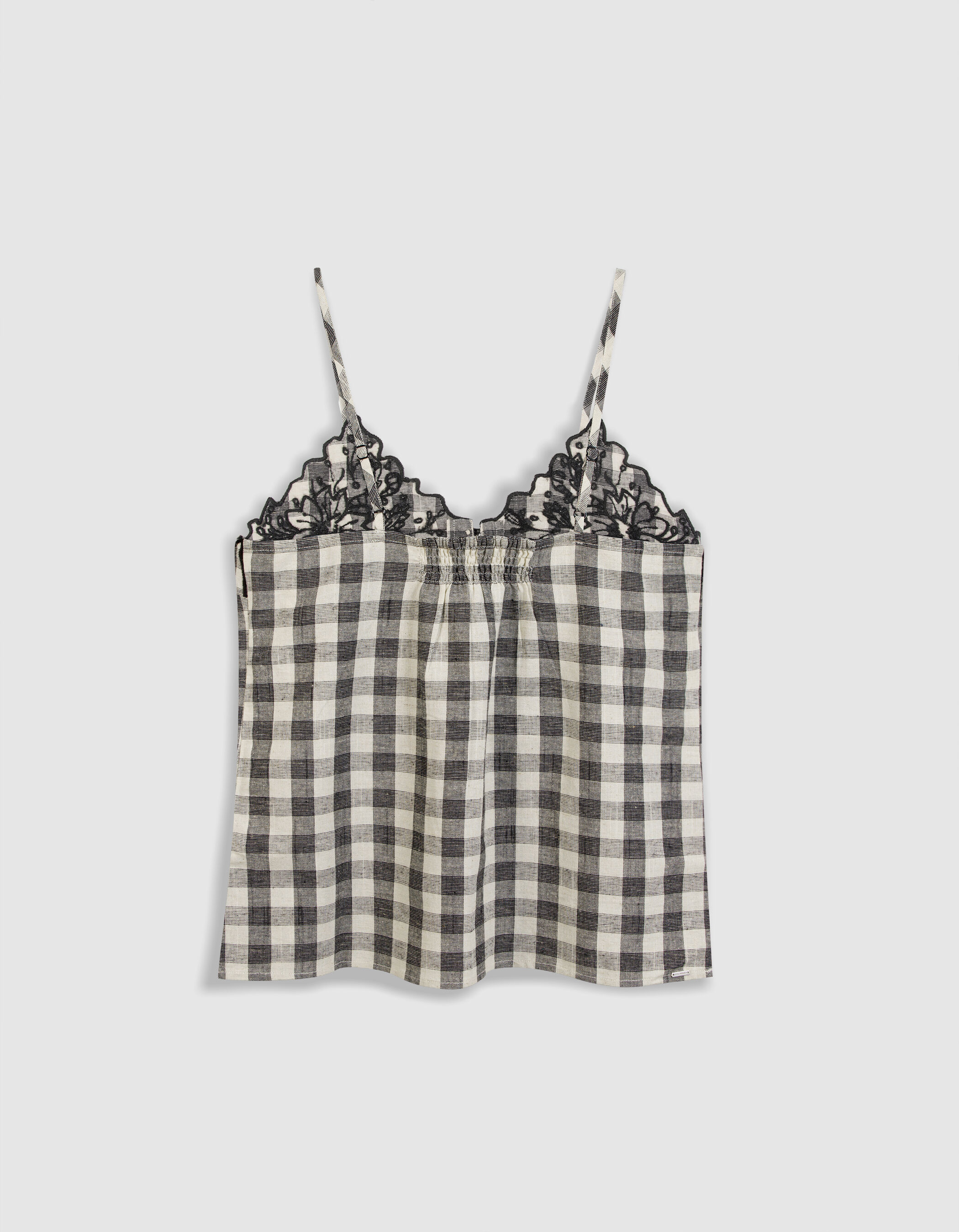 Top fines bretelles écru motif vichy et broderies Femme
