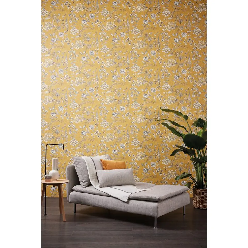 Livingwalls behang bloemen geel, wit en grijs - 53 cm x 10.05 m