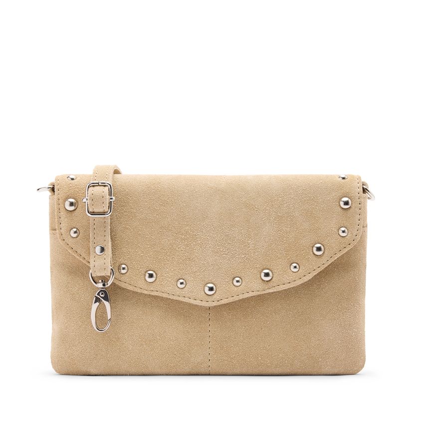 Manfield Beige suède clutch met zilveren studs