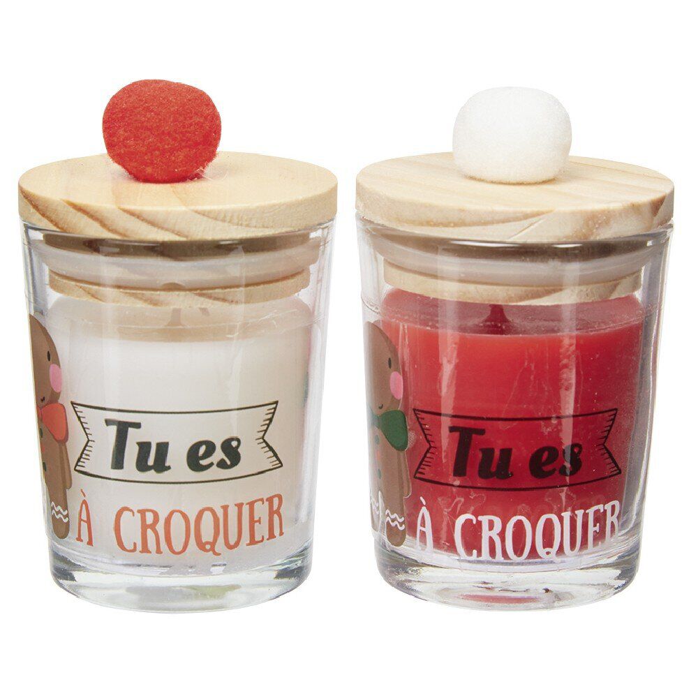 Bougie dans verre avec couvercle en bois à pompon