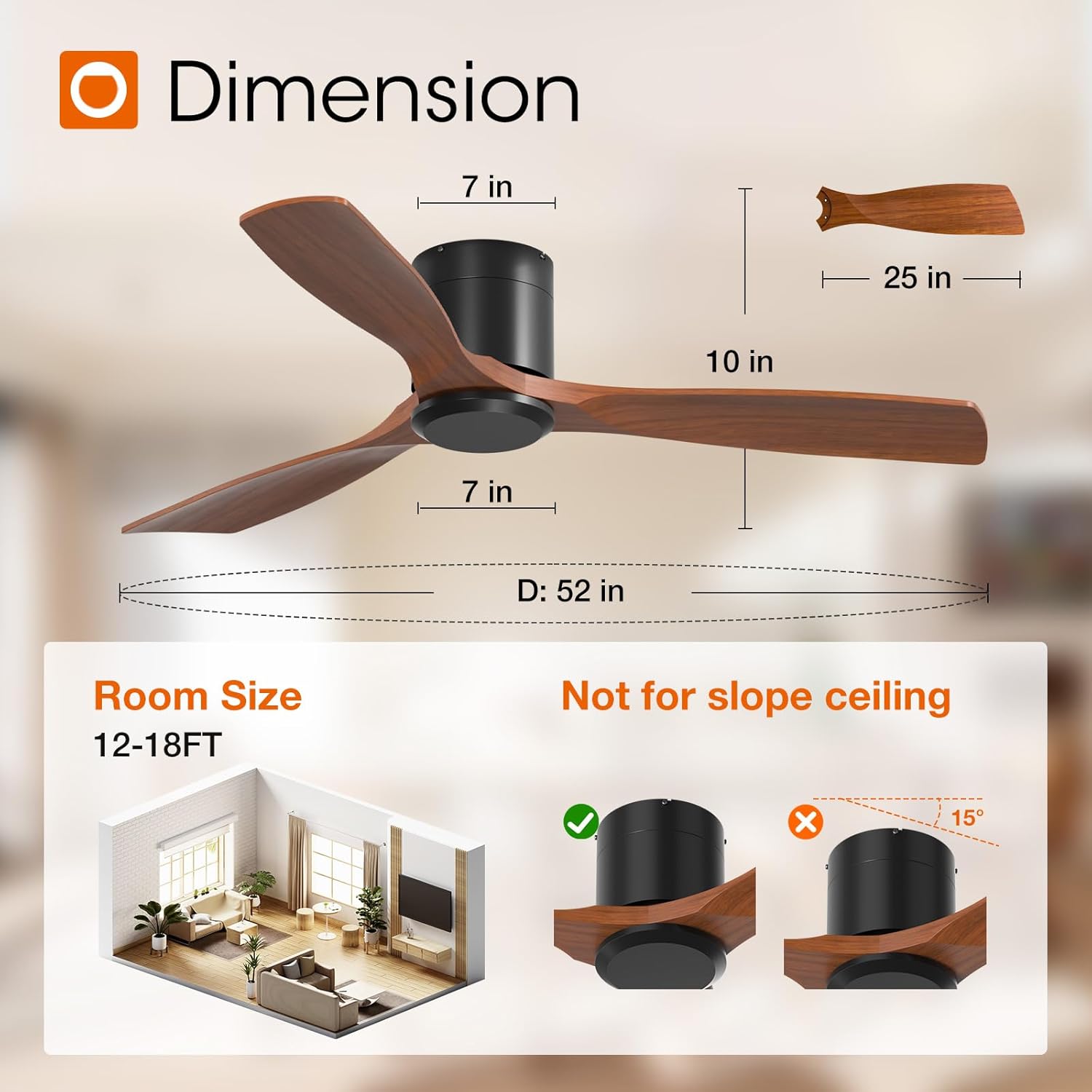 addlon 52 inch Ceiling Fans No Lights, Low Profile Ceiling Fan with Remote Control, Flush Mount, Reversible, 3 Wood Blades, 6 Speeds, Noiseless, Black Walnut Ceiling Fan for Indoor/Outdoor Use