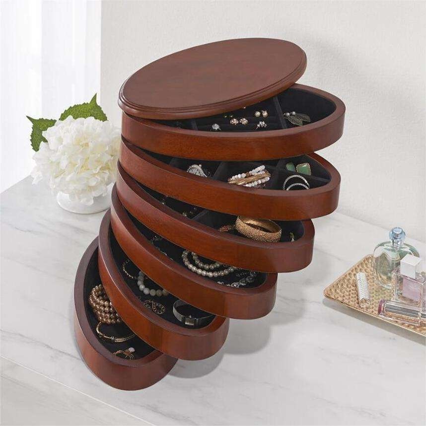 Swivel Wood Jewelry Box Tower, 6 Drawers Organizer, Dark Cherry
