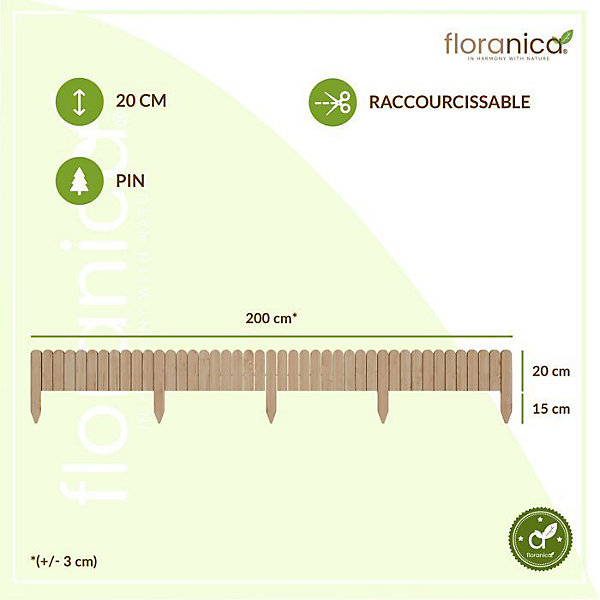 Floranica Bordure de Jardin Flexible 20 x 200 cm Non-traité Clôture de Pelouse en Bois, Palissade de Jardin Extérieur
