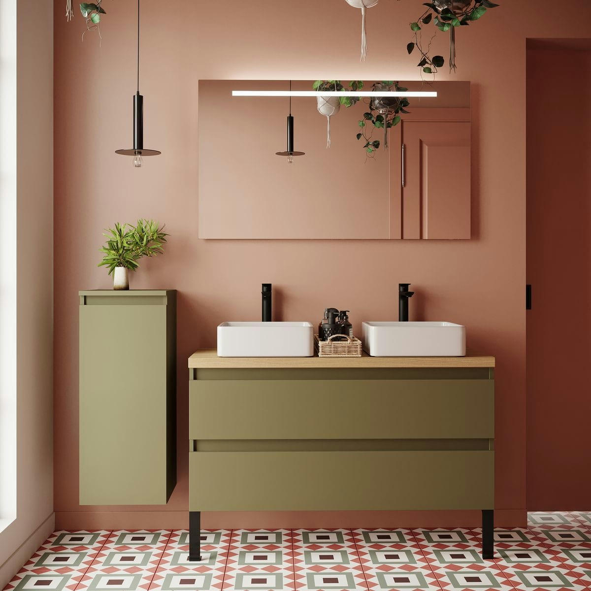 HUDSON - Meuble salle de bain 2 vasques posées 120cm 2 tiroirs Vert