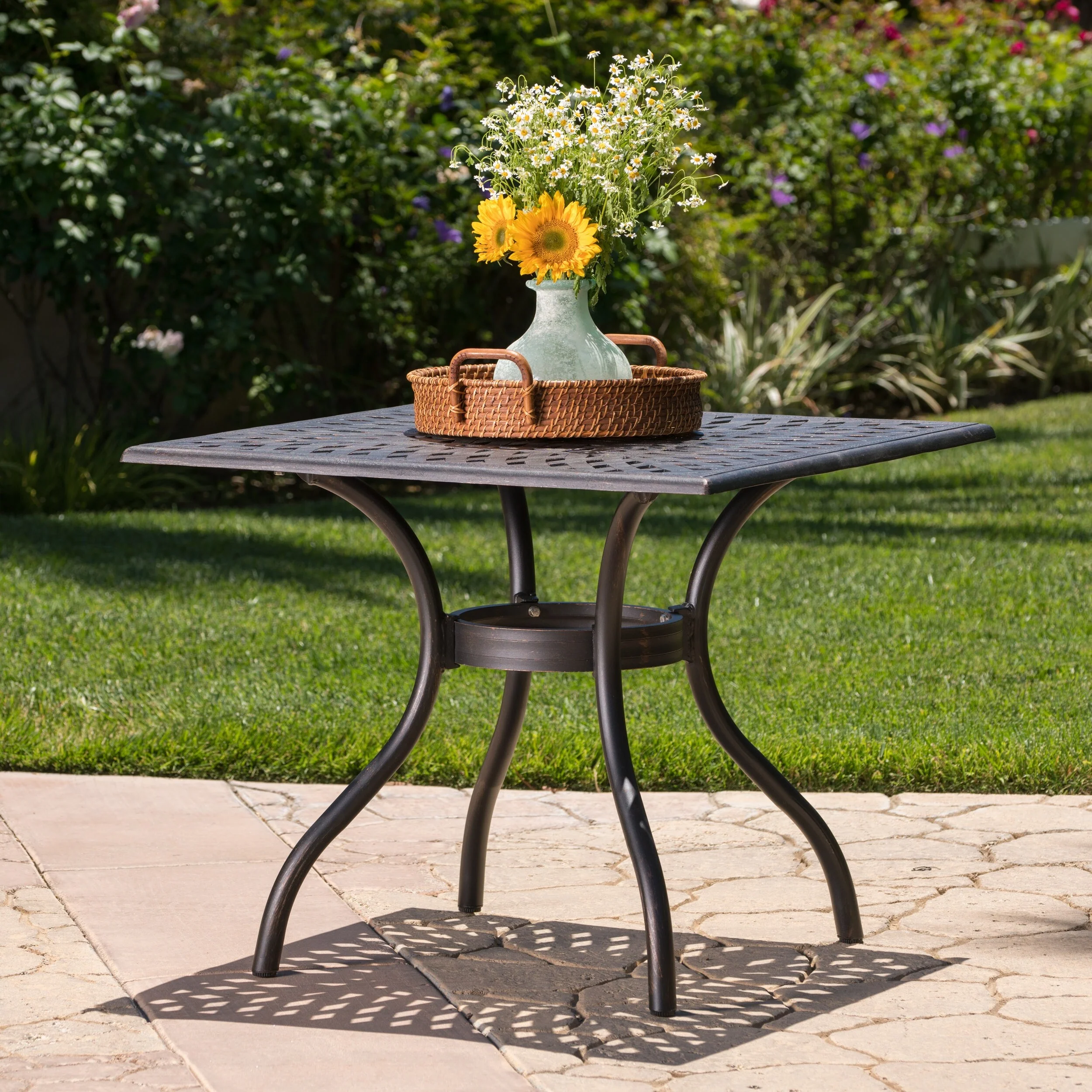 Roomfitters Square Outdoor Dining Table with Curved Legs, Cast Aluminum Construction for Patio or Garden Use, Bronze