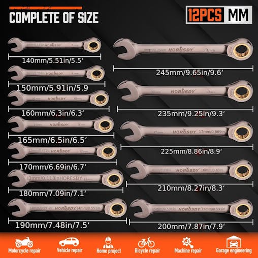 NNETM 12pcs Metric Ratchet Wrench Set 8-19cm with Case