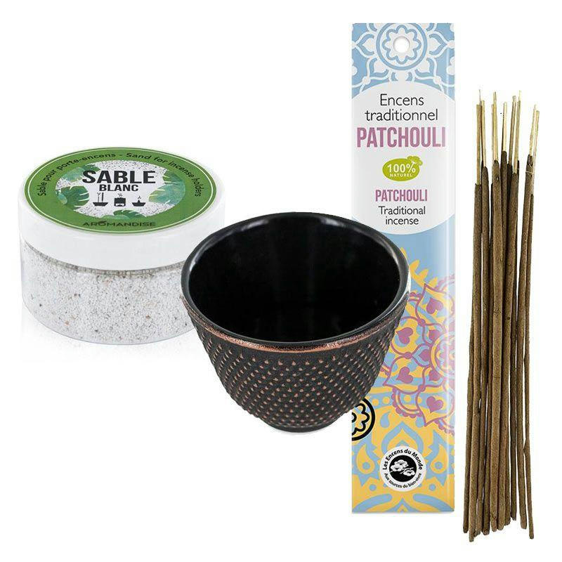 ZEN - Porte-encens coupelle en fonte noire + sable blanc + encens indien