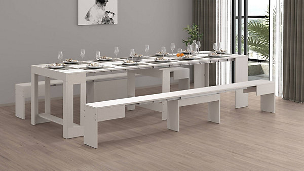 Banc Quedan, Lot de 2 Sièges pour table à manger, Bancs extensibles, 290x25h45 cm, Blanc