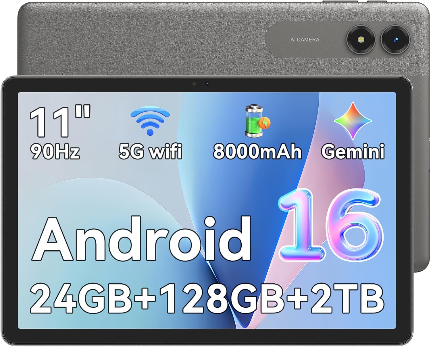 Tablet 11 Inch Android 16, 24GB RAM + 128GB ROM (2TB Expandable), 90Hz IPS Display, 8000mAh Battery, Octa-Core Entertainment Tablet, Dual-Band WiFi/BT5.0, Grey