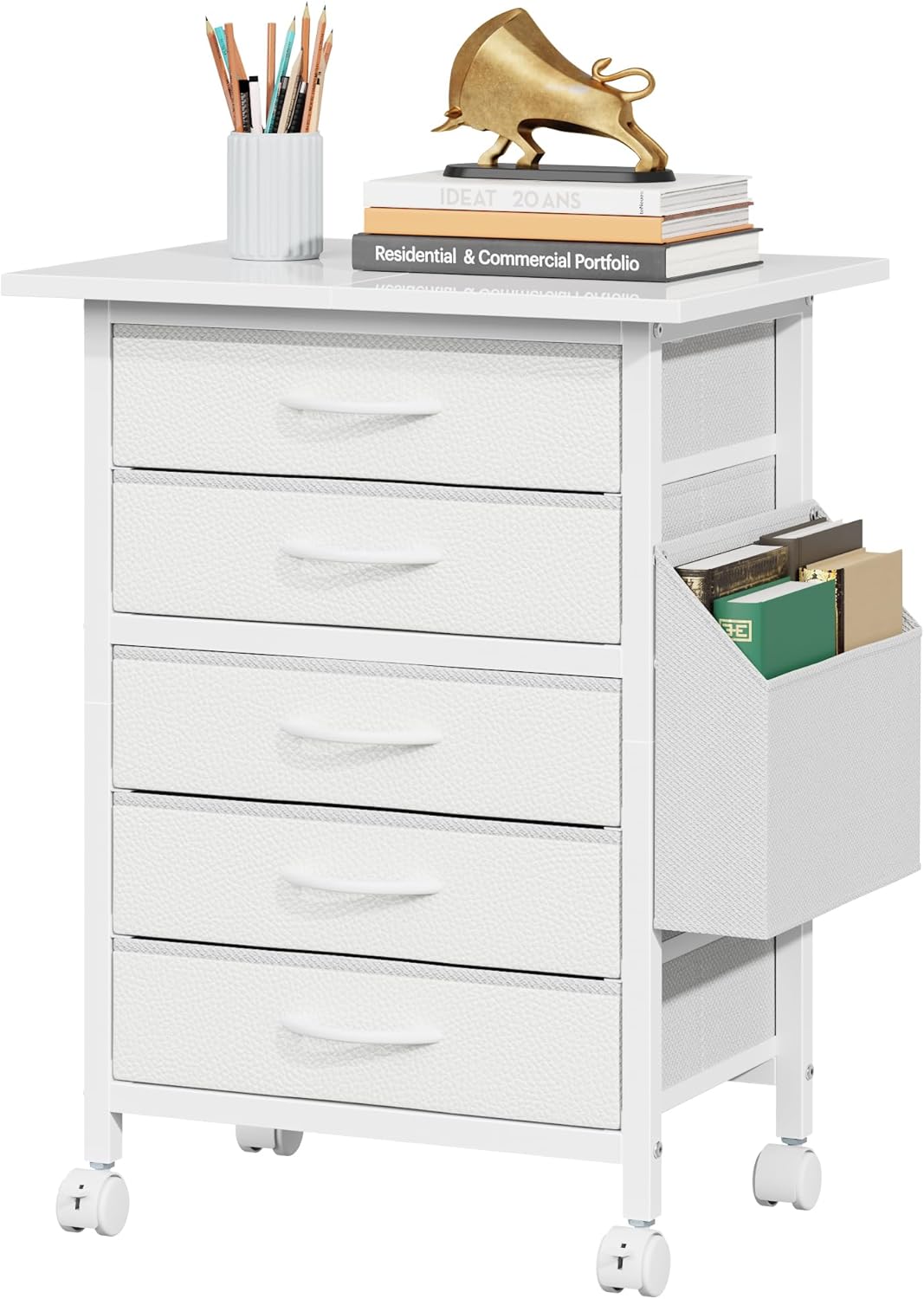 HIGDBFE 5 Fabric Drawers File Cabinet with Side Pocket, Rolling Printer Stand with Storage for Home Office, Wood Top Storage Cabinet for Documents and Crafts, White, 15 D