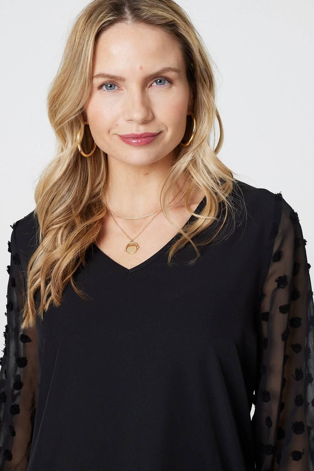 Izabel London Polka Dot Semi Sheer V-Neck Blouse