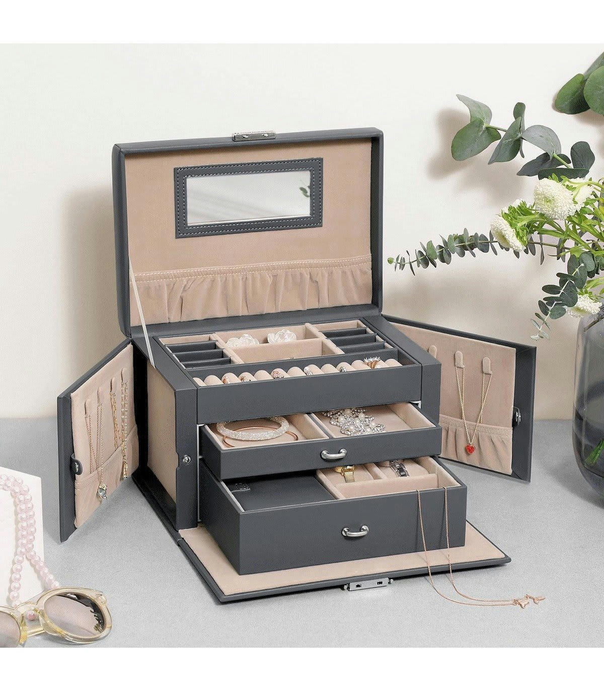 - Boîte à bijoux 2 tiroirs, 1 compartiment et 2 rabats avec rangements