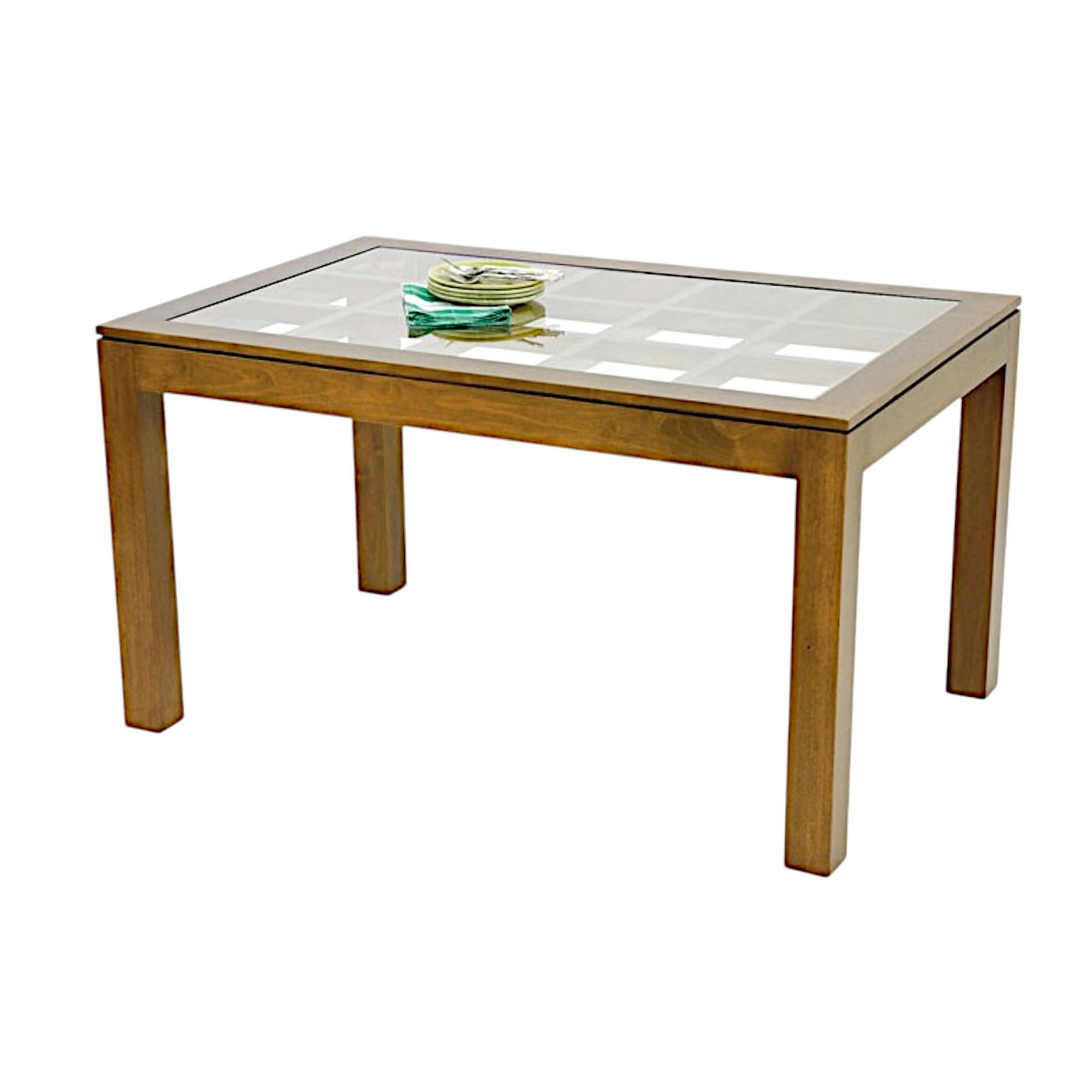 Table de repas rectangle Hévéa avec plateau verre posé sur quadrillage bois 138,5x89,5x76cm HELENA
