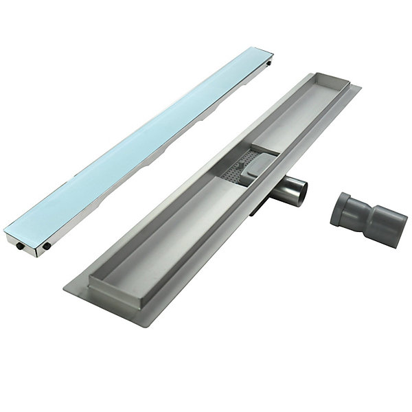 Caniveau de douche HIDY L.60 cm verre blanc et inox, siphon anti-odeurs, drainage performant -SANIVERRE