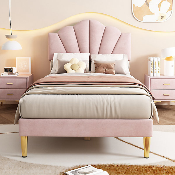 Lit simple 90x200 cm, Lit Capitonné avec Tête de Lit Coquillage Réglable et Pieds Dorés - Rose, Sans Matelas