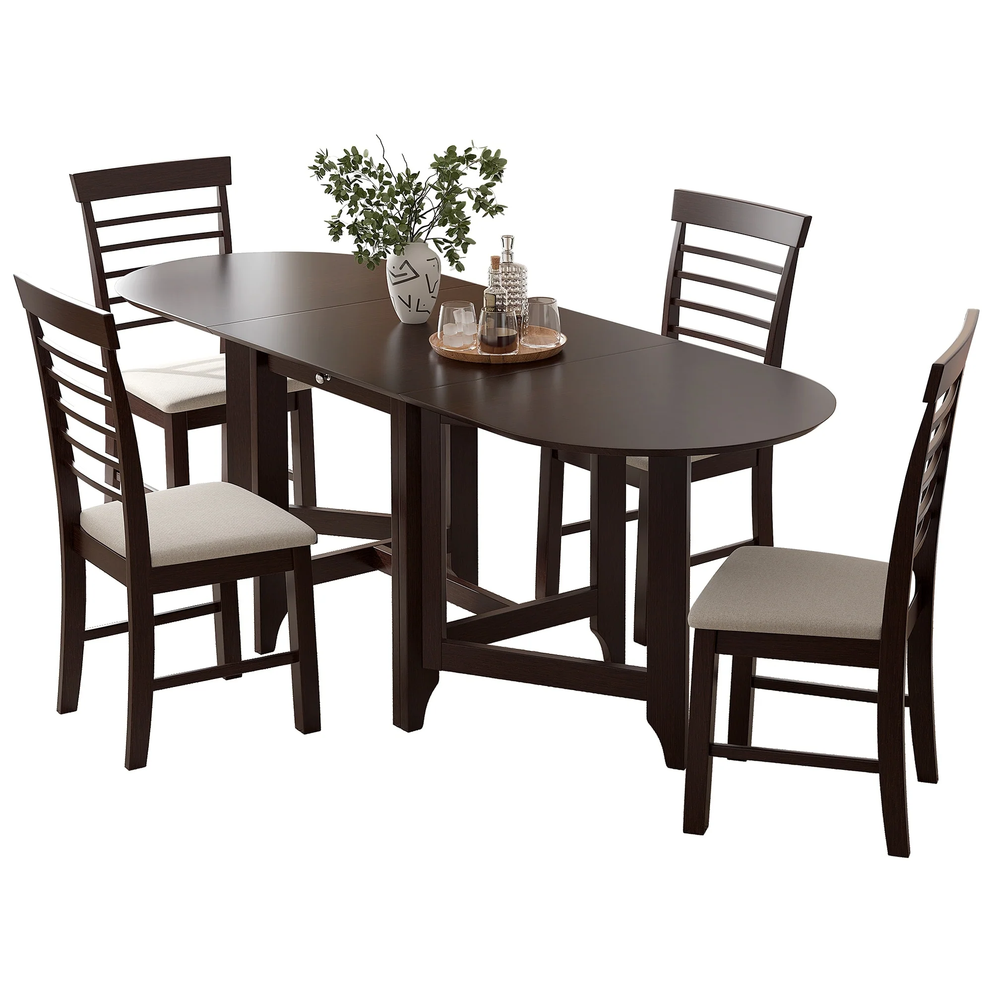 Retro 5-Piece Wooden Dining Table Set with 4 Chairs & Drop-Leaf Table