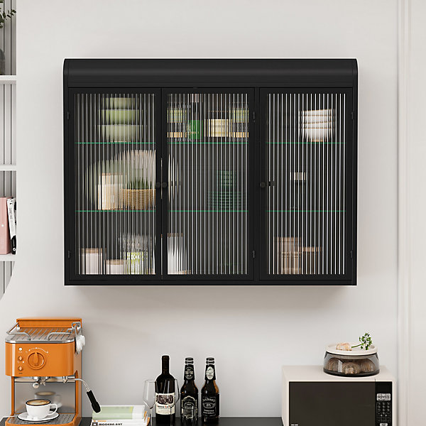 Armoire Murale 3 Portes Salle de Bain design Moderne avec Cadre Métal Noir et Verre, Meuble de Rangement, Noir