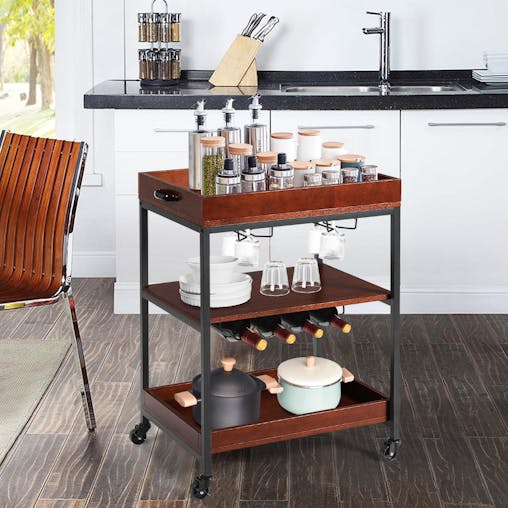 NNECW 3-Tier Kitchen Island Cart with Wine Rack & Glass Holders & Handle