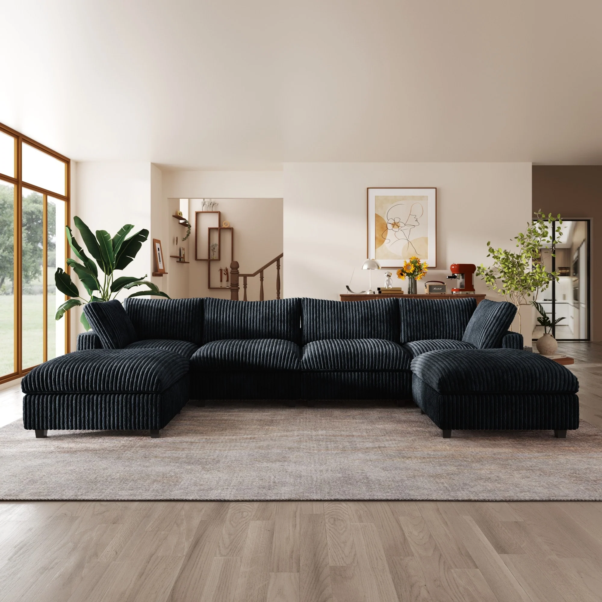 157.48'' Cloud Modular Sectional Sofa Oversized U-Shaped Striped Plush Couch for Living Room Set