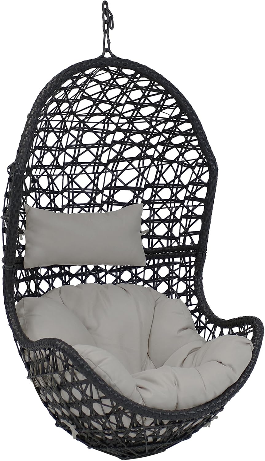 Sunnydaze Cordelia Egg Chair with Cushions -Resin Wicker Hanging Chair with 265-Pound Weight Capacity - Hanging Swing Includes Gray Polyester Cushion and Headrest