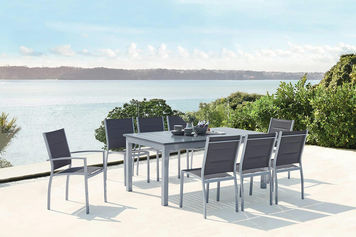 AREZZO - Table de jardin extensible et 8 chaises alu/textilène gris