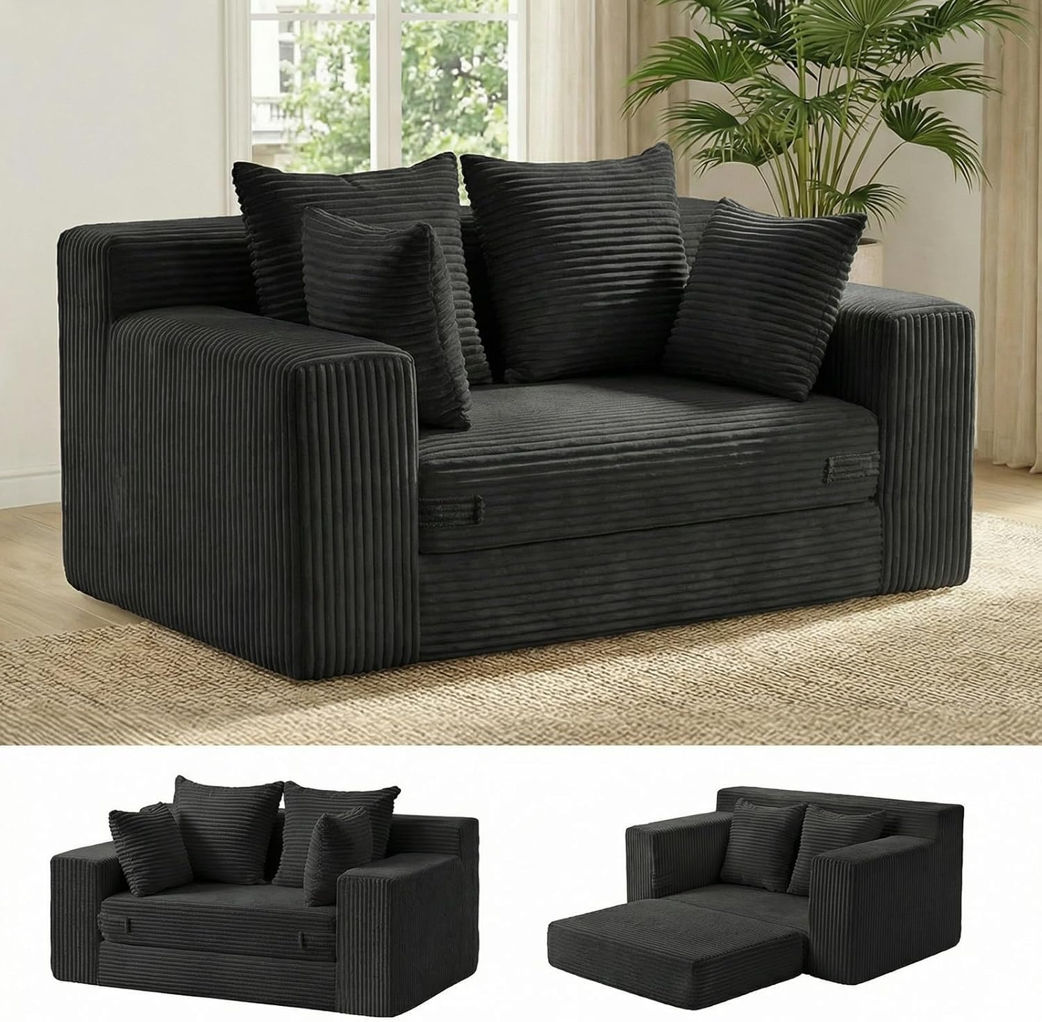 Boneless Couch Loveseat Sleeper, Convertible Sofa Bed Folding Couch Bed Foldable, 2 in 1 Boneless Chair Bed & Futon Sofa Bed, Small Pull Out Sofa with 4 Pillows for Living Room, Black | No Assembly, Convertible, 2 in 1, Pull Out Handle, 4 Pillows