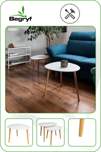 Dwa białe stoliki kawowe do salonu BEGRYF 55x53x42 39x39x40