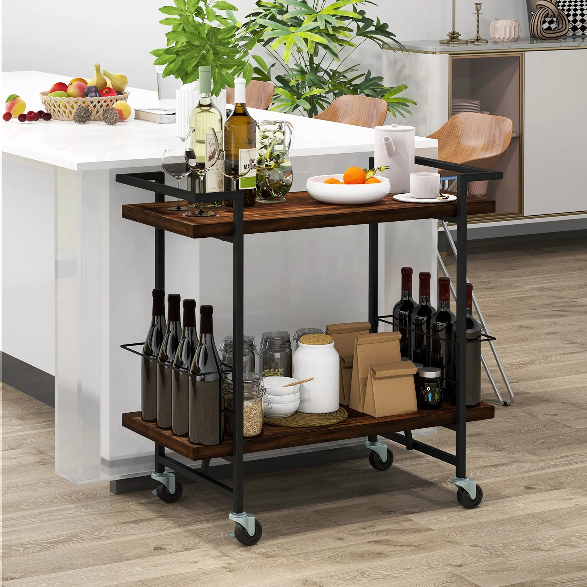 Gymax Home Bar Cart 2-tier Home Bar Cart w/ Lockable Wheels &