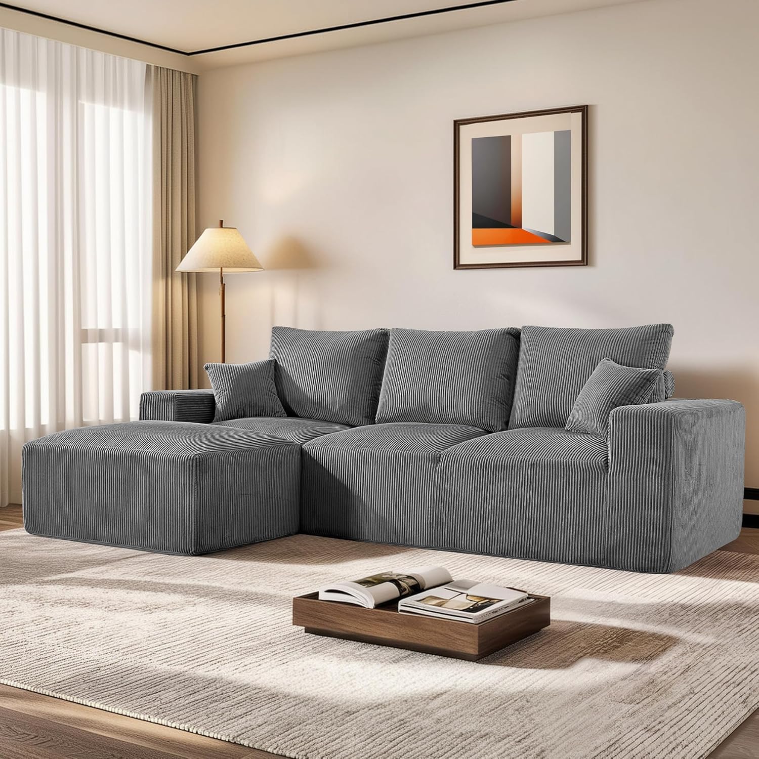 108 Modular Sectional Sofa, Compression Sofa with Deep Seat, Modular L-Shape Couch with Chaise, Upholstered Couches for Living Room Bedroom, No Assembly Required (Grey Corduroy, 108 L Shape)