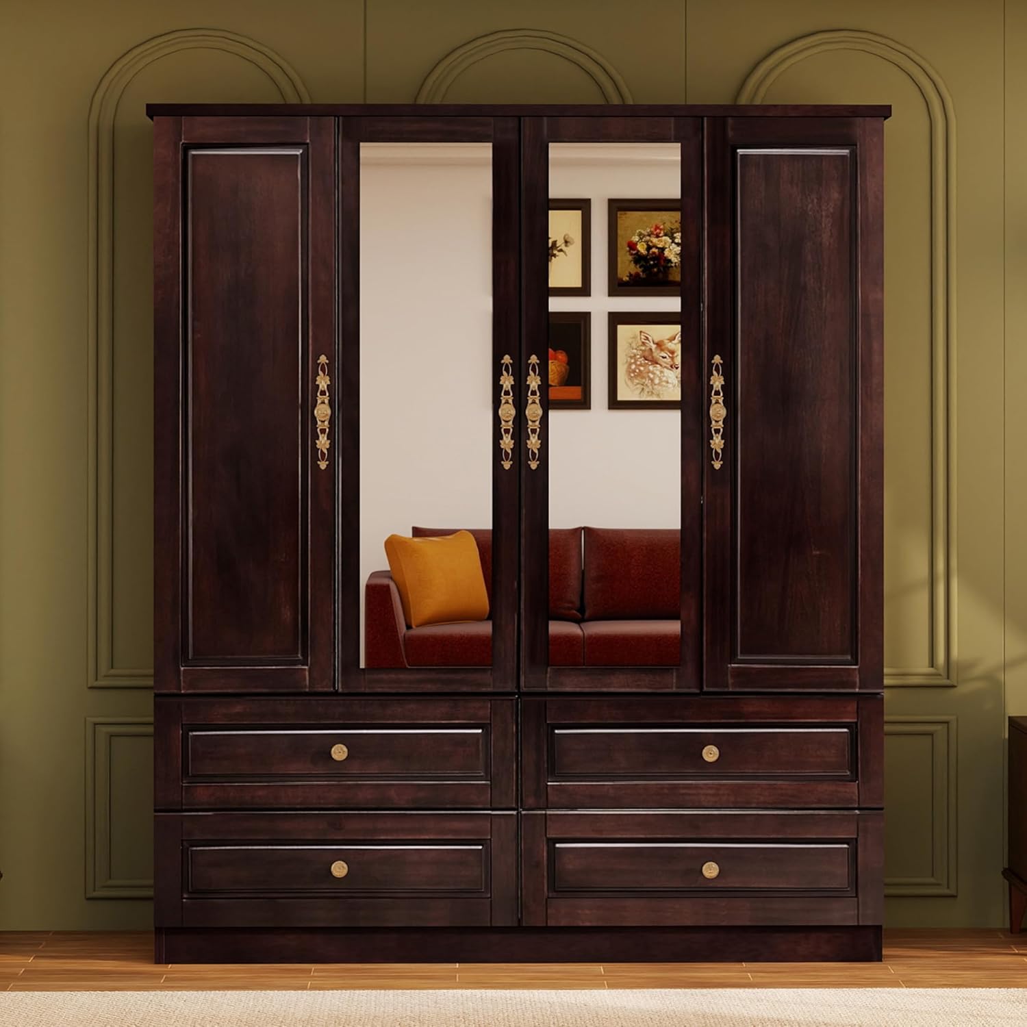 Solid Wood Armoire Wardrobe Closet: 70.87Large Wardrobe Cabinet Storage,Clothes Organizer with Mirror,Doors,Shelves,Hanging Rods and Drawers,American Style Freestanding Bedroom Brown Black Finish
