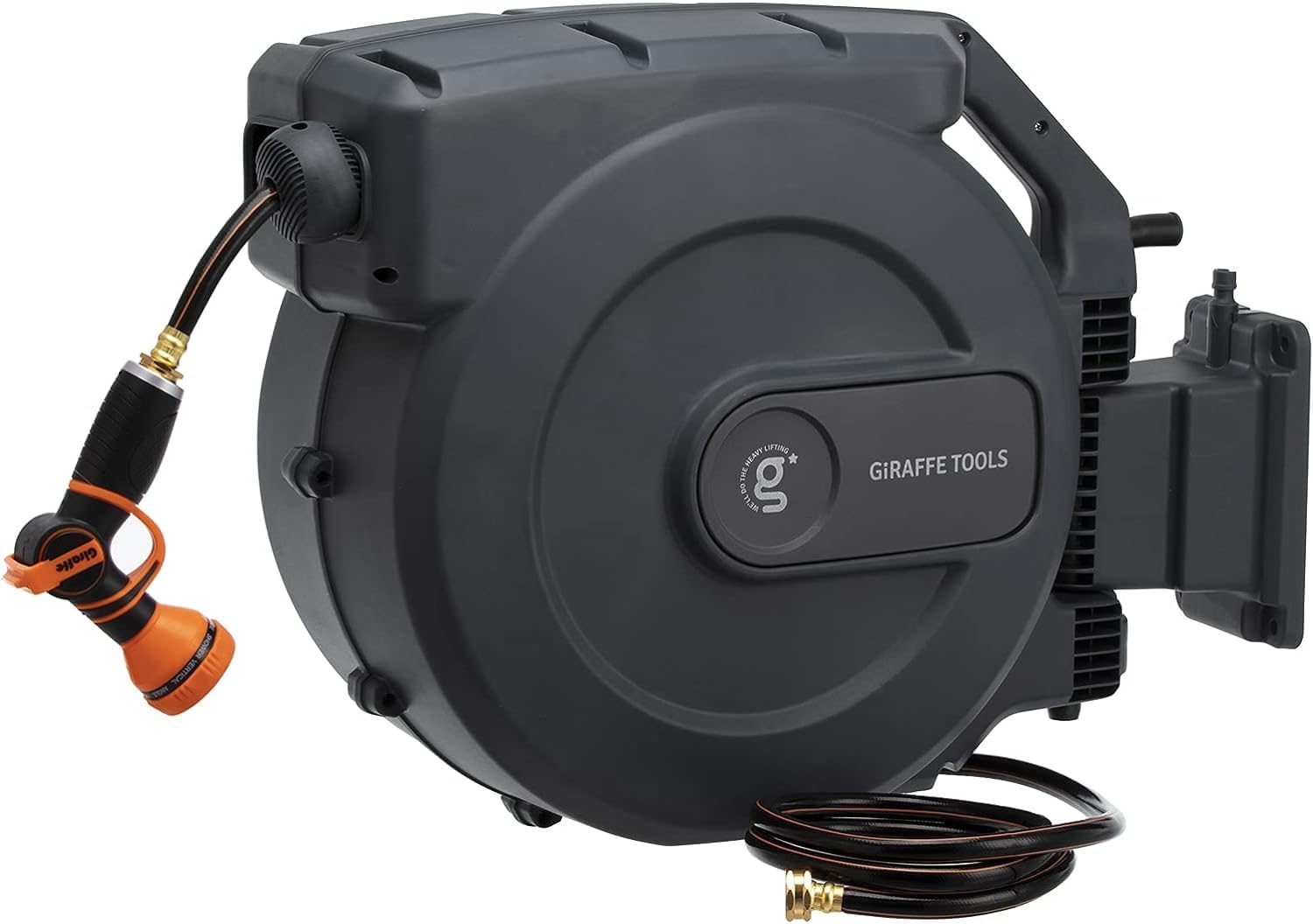 Giraffe Tools Retractable Garden Hose Reel 1/2 Inch x 155 with 5 ft Leader Hose  Heavy Duty  Any Length Lock  Slow Return System  Wall Mounted and 180 Deg Swivel Bracket