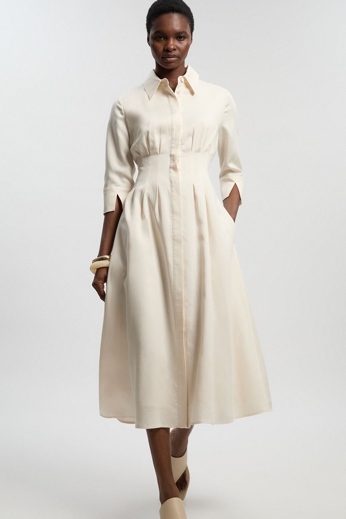 KarenMillen Petite Tailored Linen Darted Waist Midi Dress