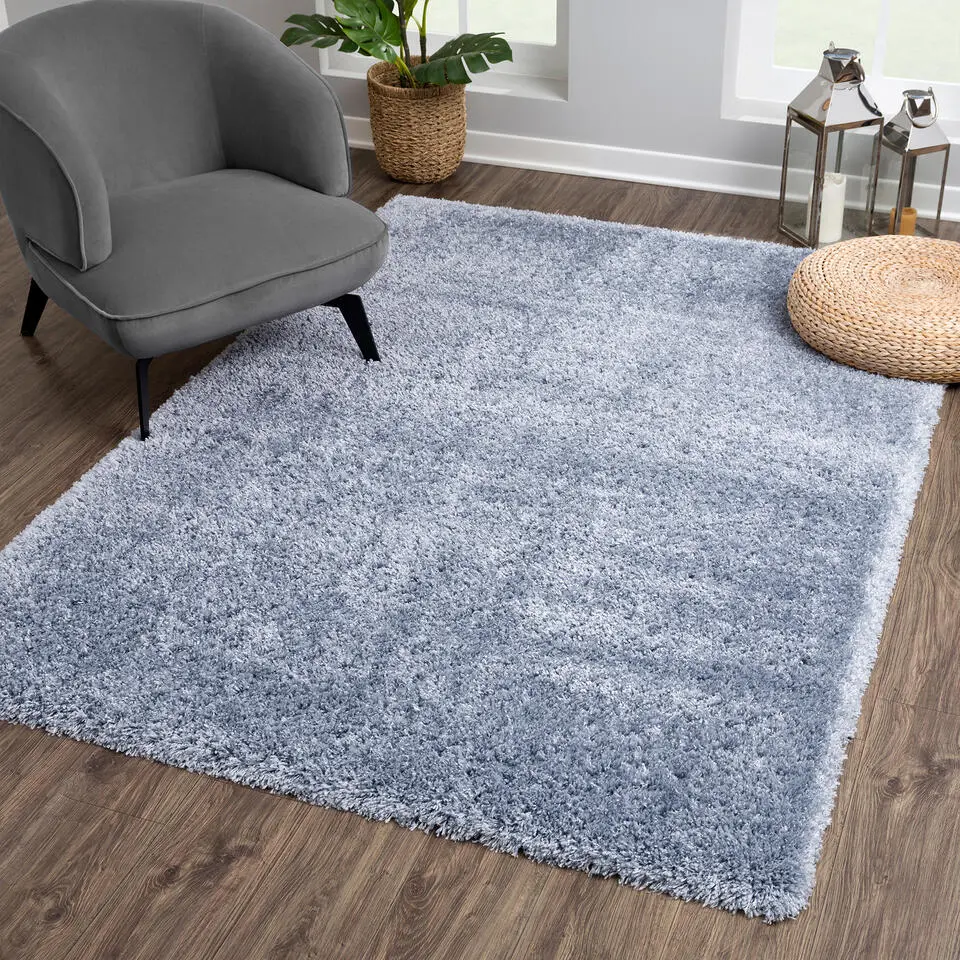 Porto Soft Fluffy Vloerkleed Hoogpolig Effen Blauw - 200X290 CM