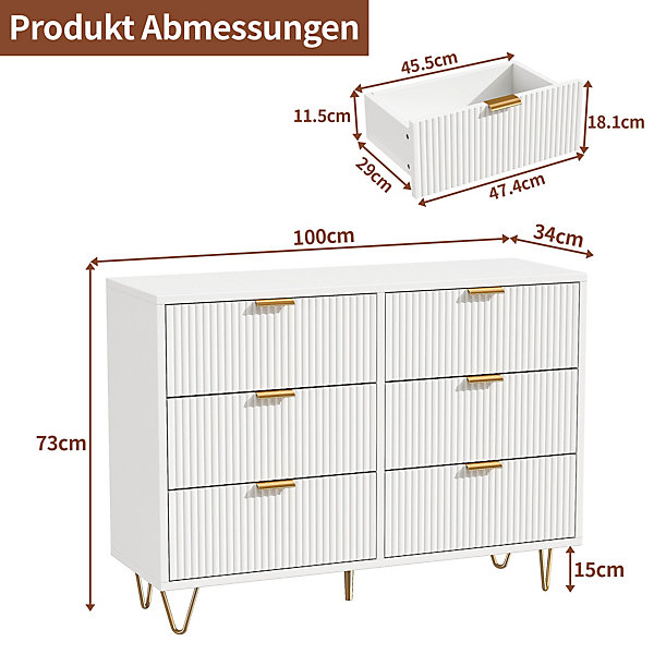 Commode Blanche 6 Tiroirs, Meuble de Rangement, avec Pieds en Métal Doré, en Bois d'Ingénierie, pour Salon,100x40x75cm