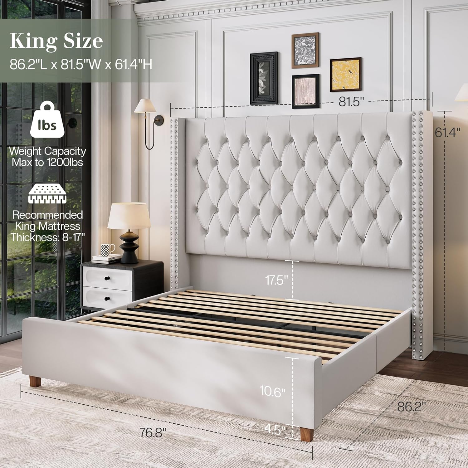Jocisland King Size Bed Frame with 61.4 Tall Headboard, Velvet Upholstered Wingback Platform Design, Handcrafted Pleats& Deep Button Tufted, Solid Wood Legs, No Box Spring Needed, Cream